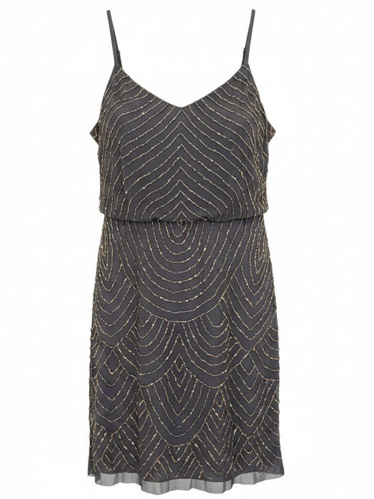Adrianna Papell Gunmetal Art Deco Cocktail Dress
